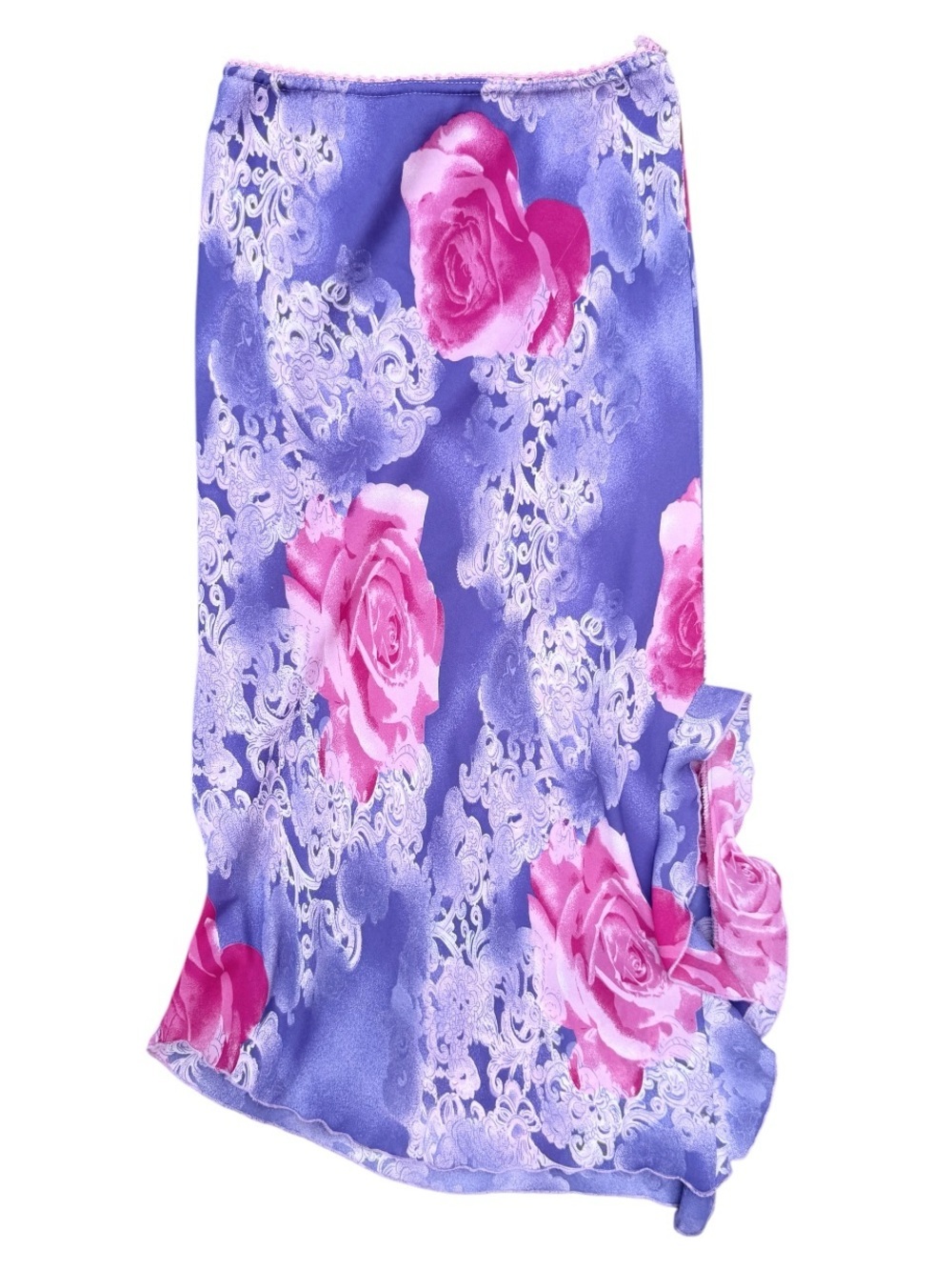 Vintage Y2K Purple Rose Print Midi Skirt Ruffle Slit - S